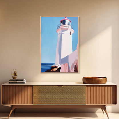 Lighthouse View, Nautical Wall Art, Beach House Decor, Ocean Scene Painting, Coastal Style, Framed Canvas Print, Bathroom Wall Art