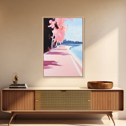 Mediterranean Steps, Coastal Wall Art, Santorini Print, Blue and Pink Decor, Travel Painting, Framed Canvas Print, Living Room Art