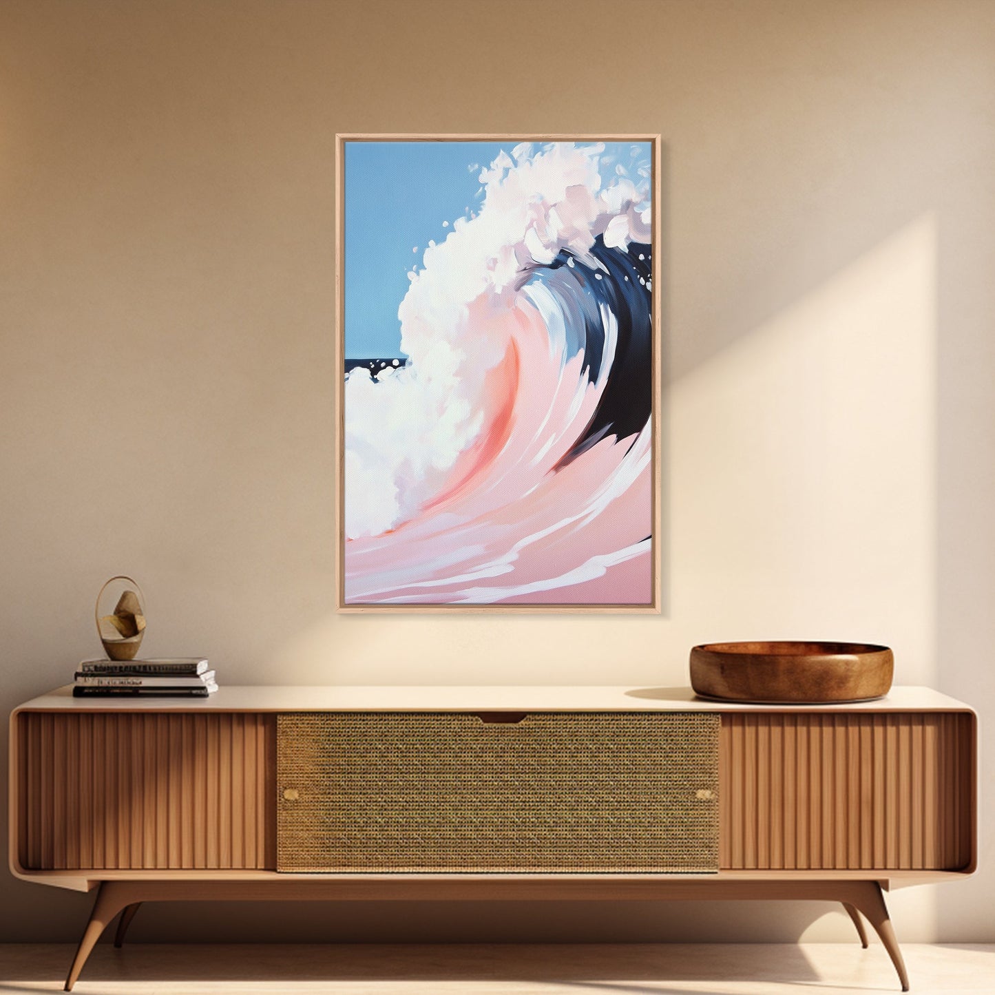 Ocean Wave Painting, Abstract Seascape Art, Modern Coastal Print, Pastel Watercolor Style, Framed Canvas Print, Beach House Wall Art