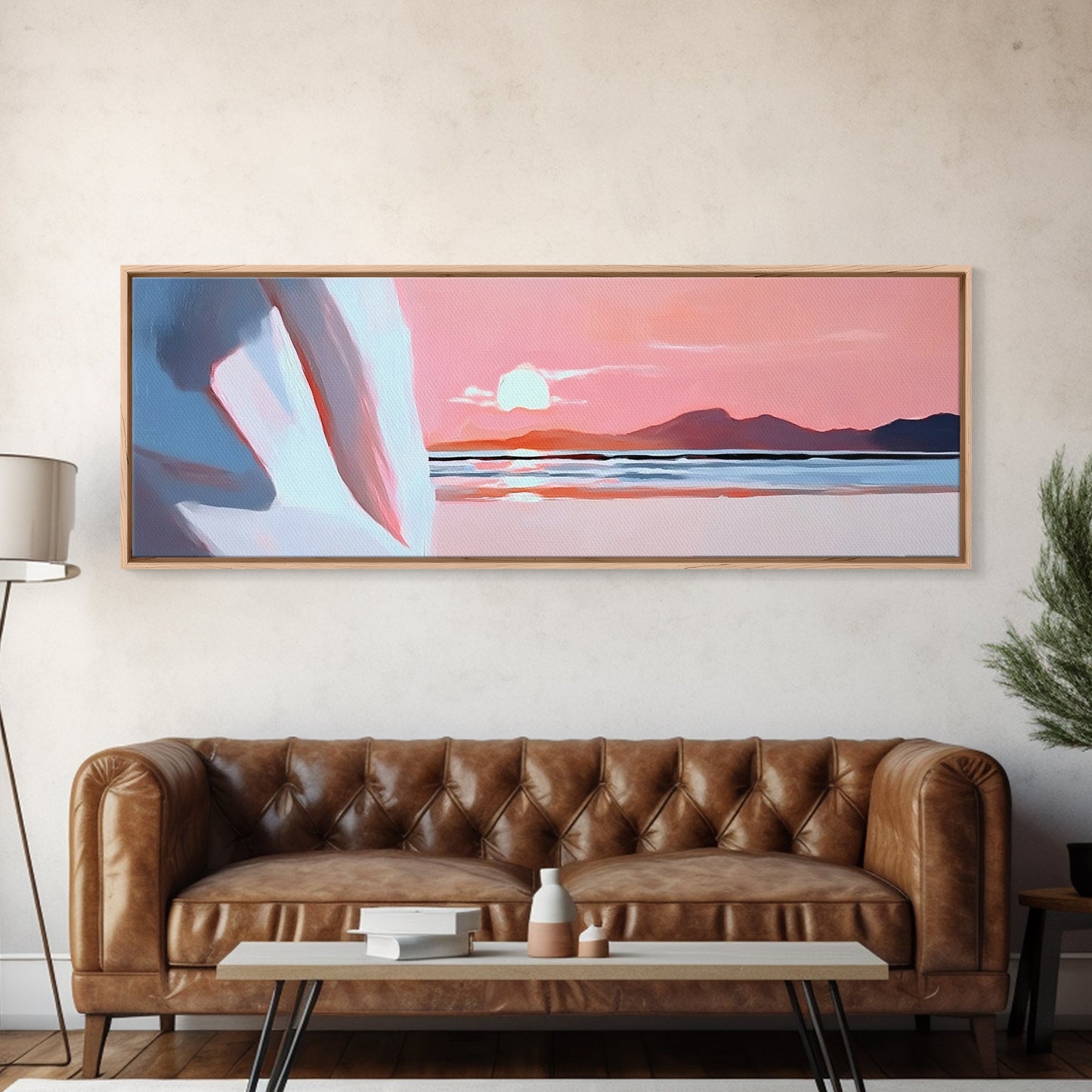 Sunset Serenity, Coastal Horizon, Tranquil Art, Framed Canvas Print, Pink Sky, Minimalist Seascape, Ocean Decor, Living Room Artwork