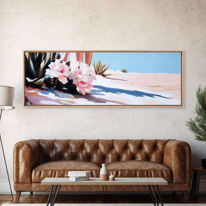 Rosa Blumen, gerahmter Leinwanddruck, florale Wandkunst, Wüstenmotiv, Boho-Ästhetik, moderne Wohndekoration, Schlafzimmerkunst, Naturmalerei