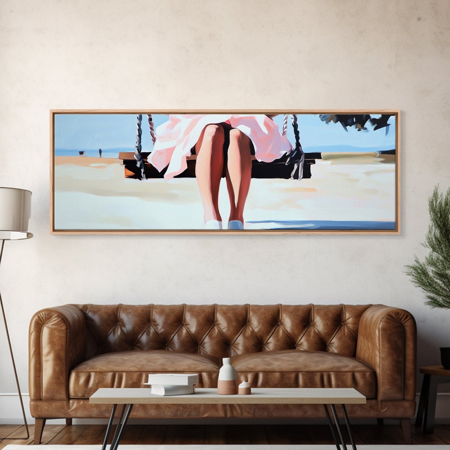 Swing By The Sea, Pastel Sky, Framed Canvas Print, Beach Wall Art, Minimalist Decor, Relaxing Aesthetic, Soft Tones, Coastal Living