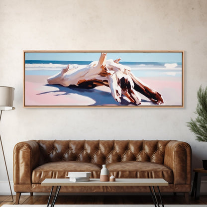 Driftwood, Ocean Waves, Canvas Print, Coastal Wall Art, Beach House Decor, Minimalist Seascape, Natural Tones, Boho Home Aesthetic