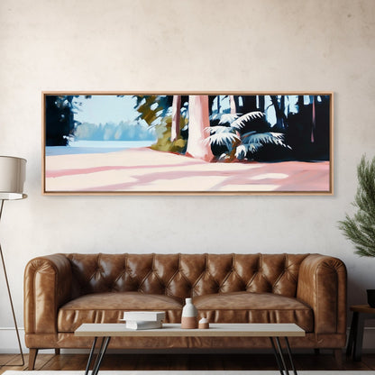 Waldweg, sonnenbeschienene Bäume, idyllische Natur, gerahmter Leinwanddruck, beruhigende Wanddekoration, moderne Landschaftsmalerei, Wohnzimmerkunst, gemütliche Einrichtung