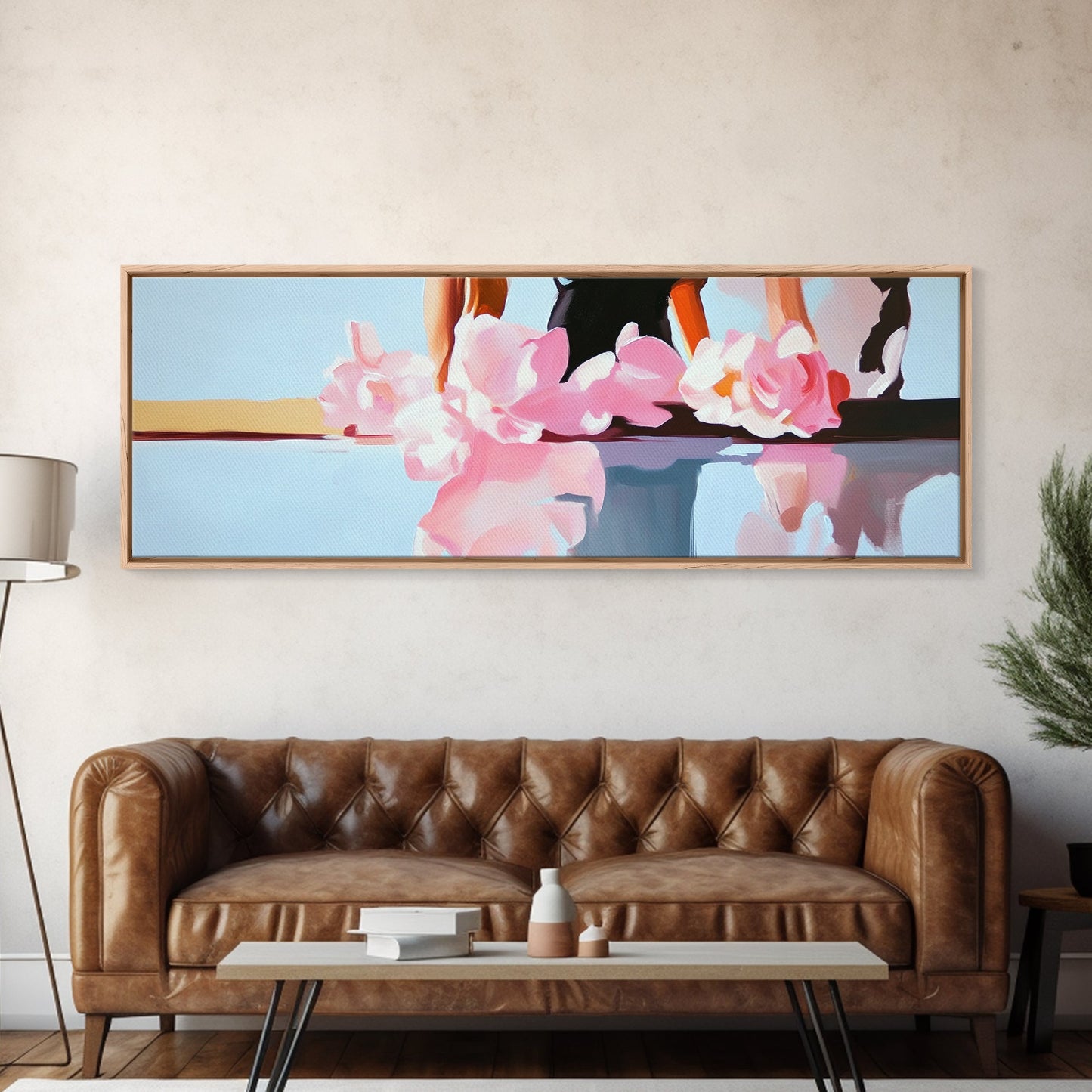 Floral Reflections, Pink Blossoms, Water Mirror, Framed Canvas Print, Feminine Wall Art, Elegant Bedroom Decor, Pastel Aesthetic