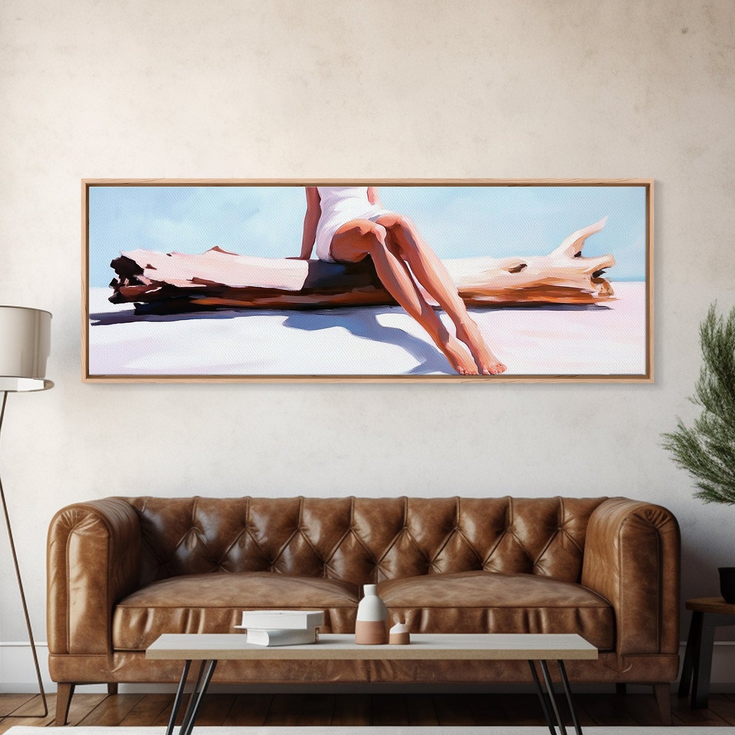 Treibholz-Flucht, Küstenleben-Kunst, Minimalistische Strandszene, Sommerliche Farben, Gerahmter Leinwanddruck, Entspannende Wohndekoration, Vom Meer inspiriert