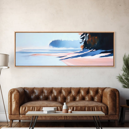 Misty Shoreline, Coastal Landscape Art, Minimalist Seascape, Ocean View, Framed Canvas Print, Modern Home Decor, Living Room Art