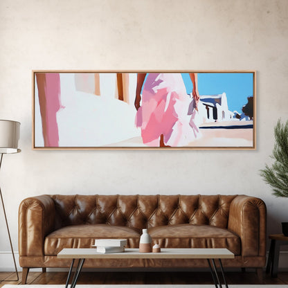 Pink Dress, Elegant Stroll, Romantic Scene, Framed Canvas Print, Modern Wall Art, Feminine Decor, Stylish Living Room Artwork