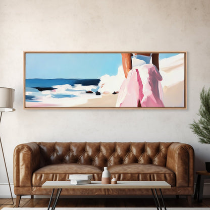 Ocean Waves, Pink Skirt, Windy Shoreline, Framed Canvas Print, Coastal Wall Art, Beach Home Decor, Minimalist Aesthetic, Ocean Scene