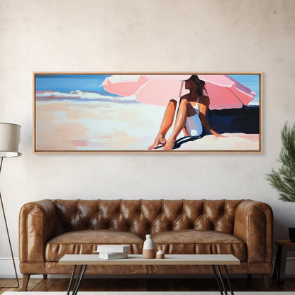 Woman Under Umbrella, Beach Relaxation, Summer Scene, Framed Canvas Print, Minimalist Boho Art, Seaside Wall Decor, Nautical Artwork