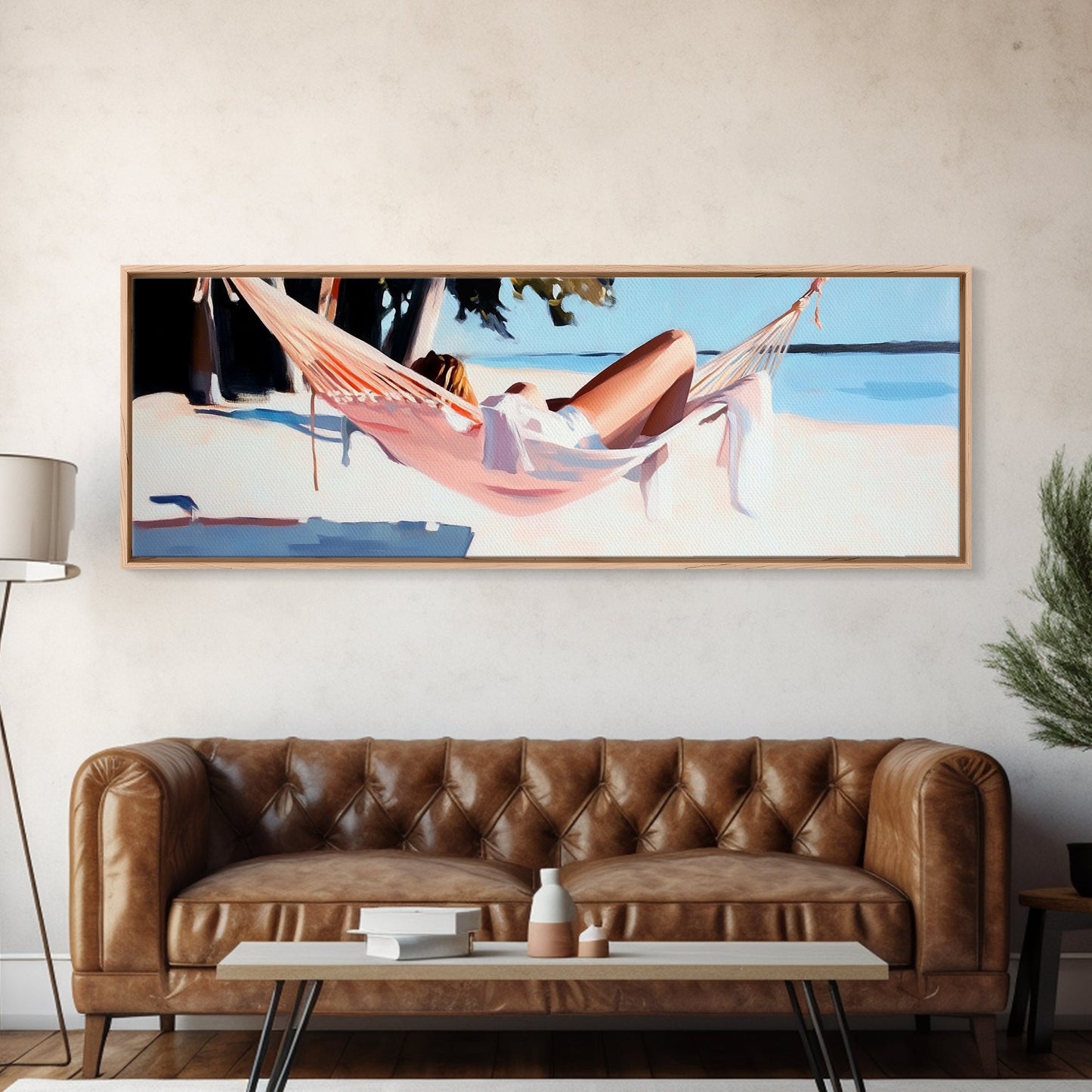 Hammock Rest, Relaxation, Coastal, Framed Canvas Print, Beach House Decor, Summer Vibes, Minimalist Art, Bedroom Wall Art, Boho Aesthetic