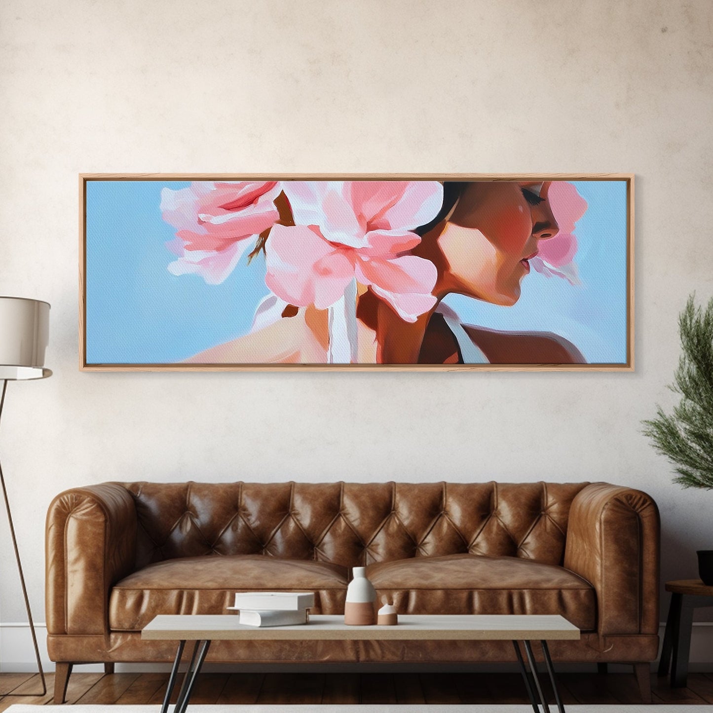 Floral Woman, Feminine Beauty, Elegant Portrait, Boho Canvas Print, Bedroom Wall Art, Modern Aesthetic, Pastel Pink Home Decor