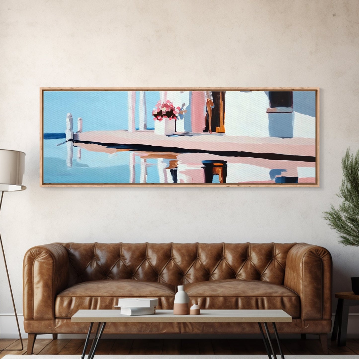 Poolside Reflection, Elegant Patio, Coastal Artwork, Framed Canvas Print, Summer Aesthetic, Modern Living Room Decor, Soft Blues