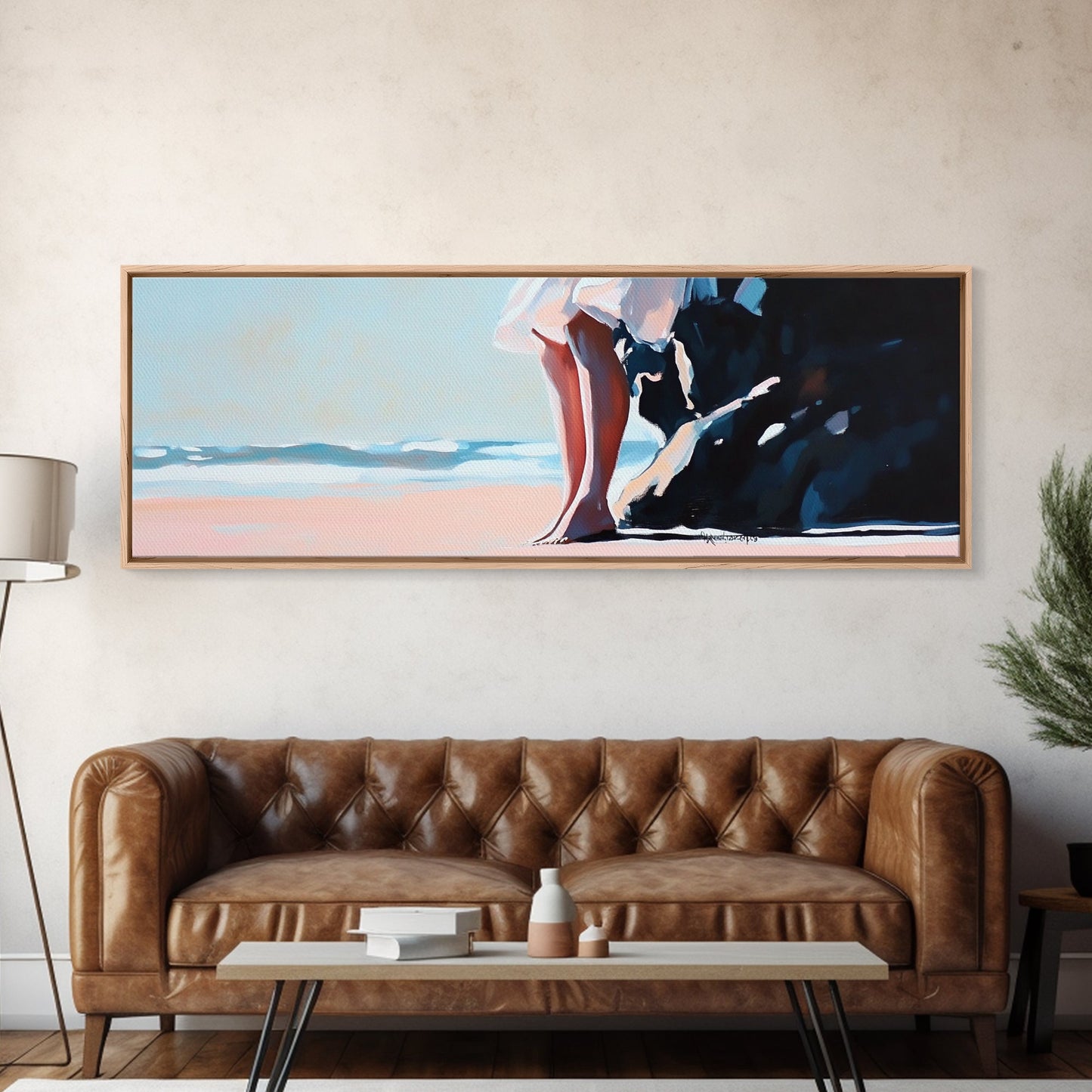 Sonnenuntergang am Strand, friedlicher Rückzugsort, Meeresruhe, Küstenmotiv auf Leinwand, Wandbild fürs Wohnzimmer, sanfte Pastellfarben, minimalistische Wandkunst