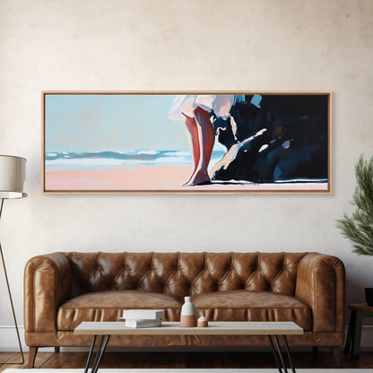 Sonnenuntergang am Strand, friedlicher Rückzugsort, Meeresruhe, Küstenmotiv auf Leinwand, Wandbild fürs Wohnzimmer, sanfte Pastellfarben, minimalistische Wandkunst