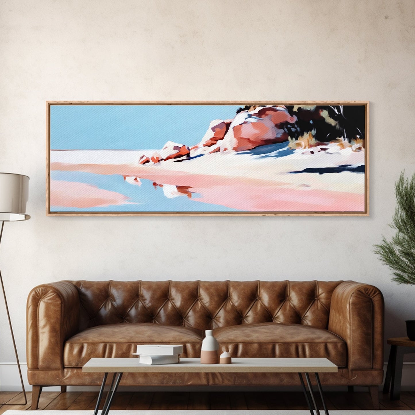 Pink Sands, Beach Art, Coastal Print, Framed Canvas Print, Ocean Wall Art, Soft Pastel Landscape, Minimalist Beach Decor, Living Room Art