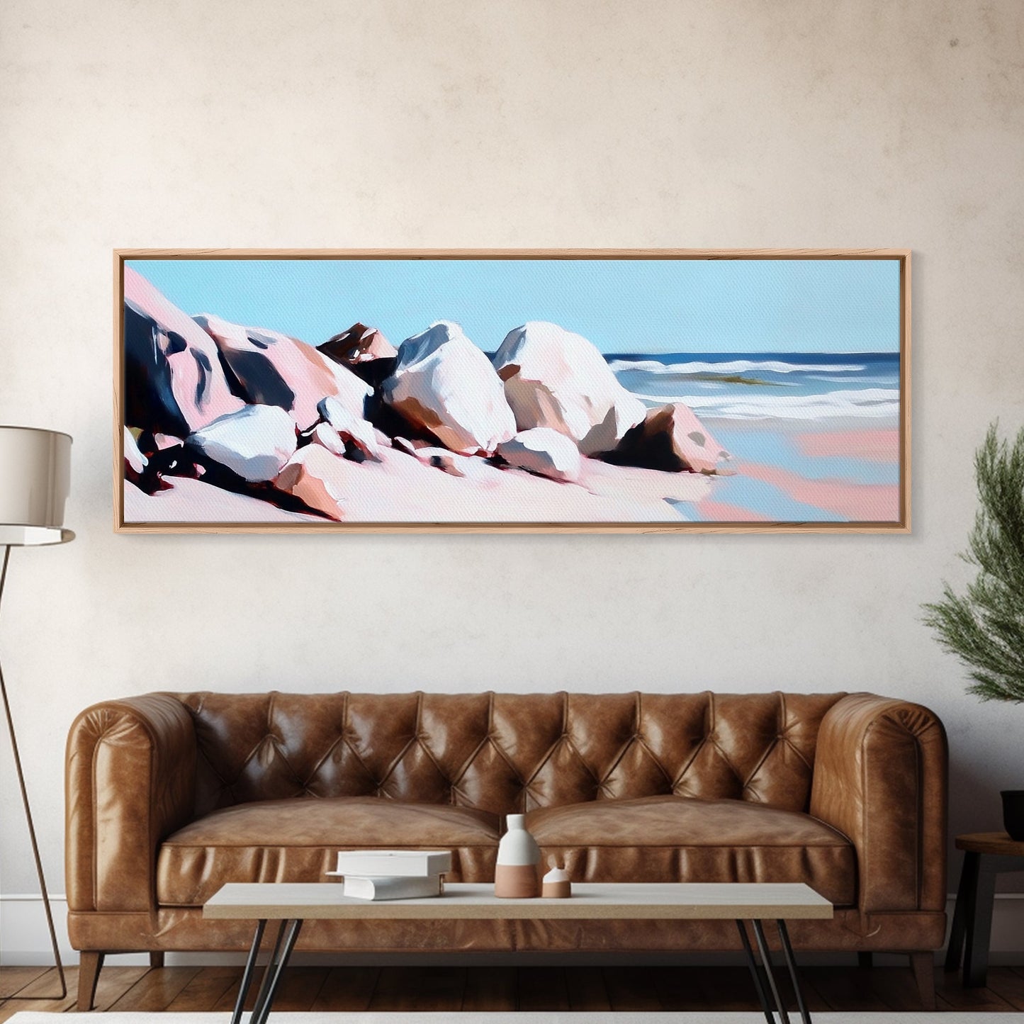 Ocean Rockscape, Tranquil Shoreline, Serene Nature Print, Coastal Art, Neutral Tones, Living Room Wall Decor, Framed Canvas Print