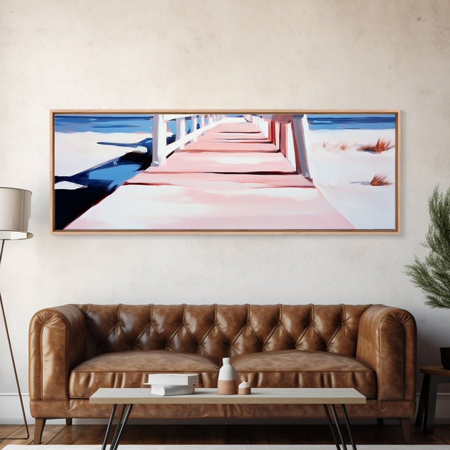 Pink Pier, Beach Walkway, Ocean View, Framed Canvas Print, Coastal Wall Art, Nautical Home Decor, Minimalist Seascape Painting
