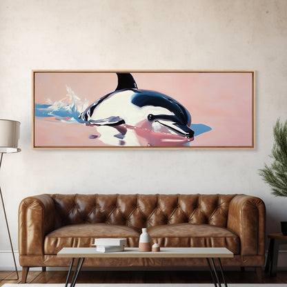 Playful Dolphin, Ocean Waves, Marine Life, Framed Canvas Print, Nautical Wall Art, Beach House Decor, Living Room Coastal Art