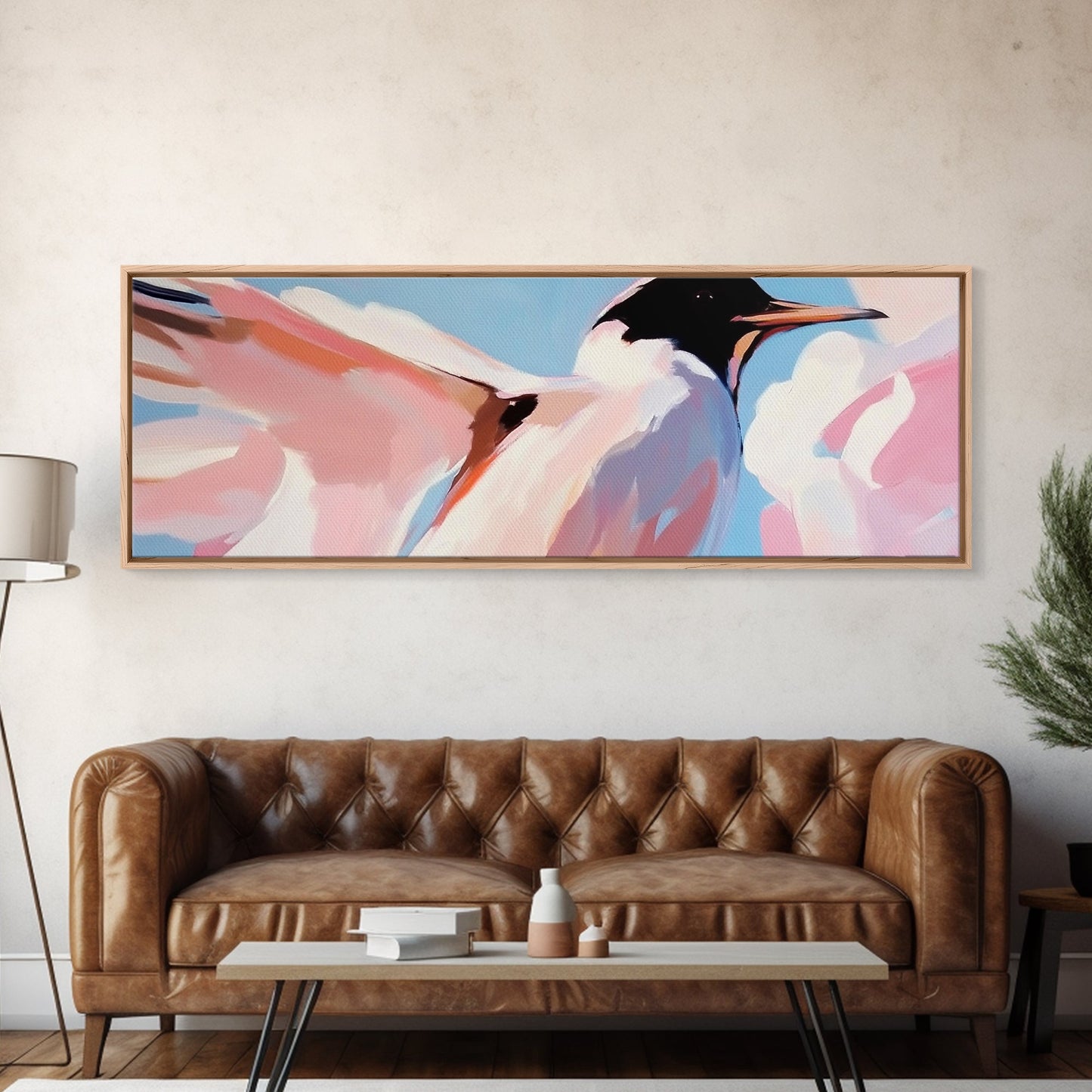 Soaring Seabird Art, Coastal Bird Print, Minimalist Wildlife Art, Pastel Sky Painting, Large Canvas Print, Beach House Decor, Bedroom Art