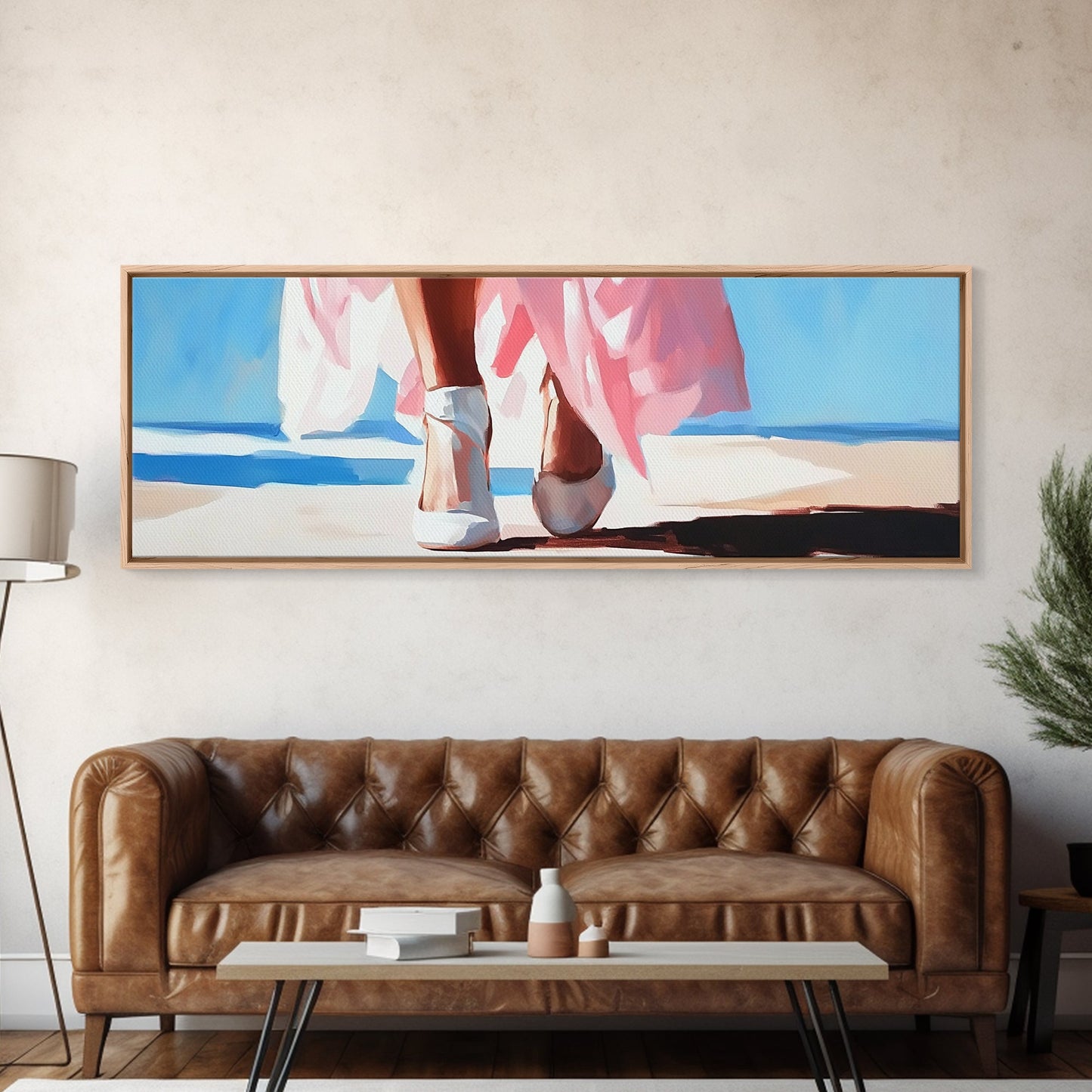 Walking on Beach, Pink Skirt, Ocean Waves, Coastal Feminine Art, Elegant Wall Decor, Canvas Print, Bedroom Wall Art, Summer Aesthetic