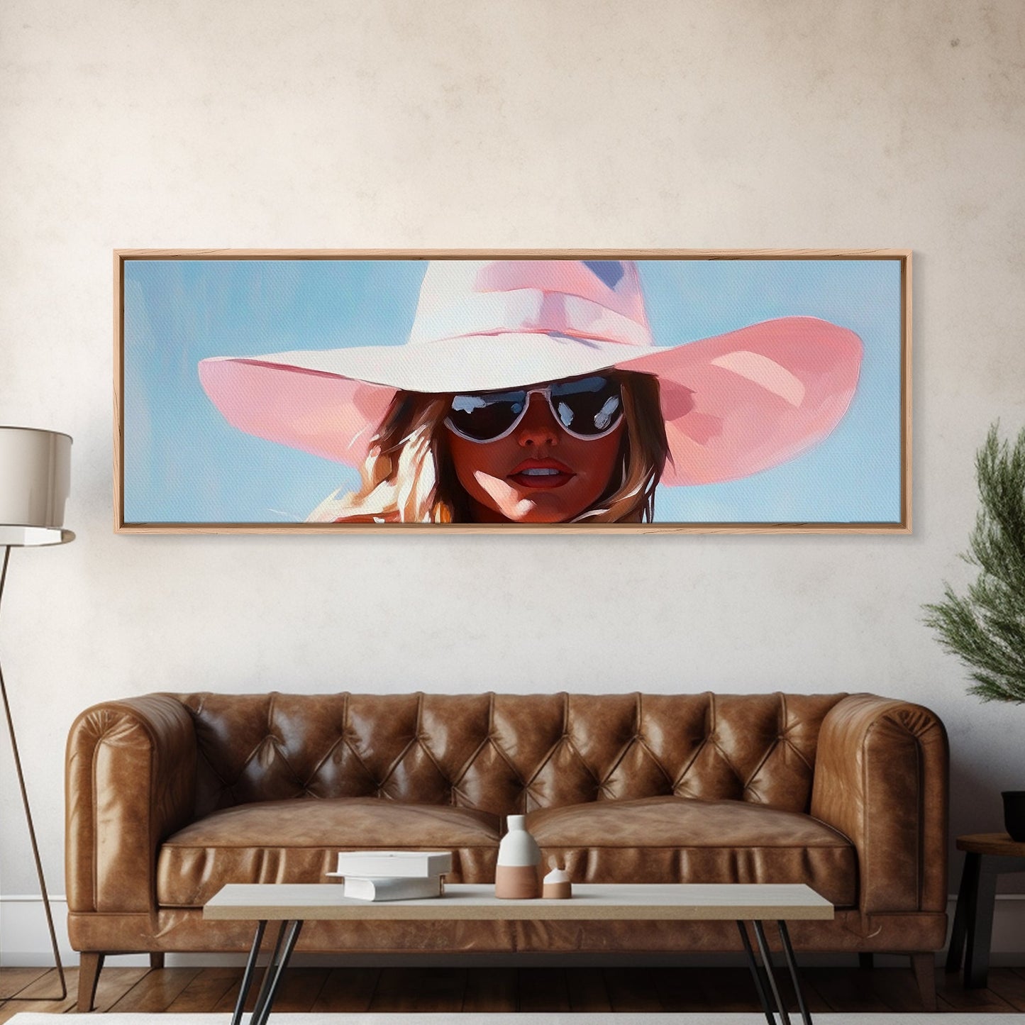 Sun Hat, Fashion Art, Glamorous Woman, Feminine Painting, Summer Aesthetic, Modern Chic, Bedroom Wall Decor, Framed Canvas Print