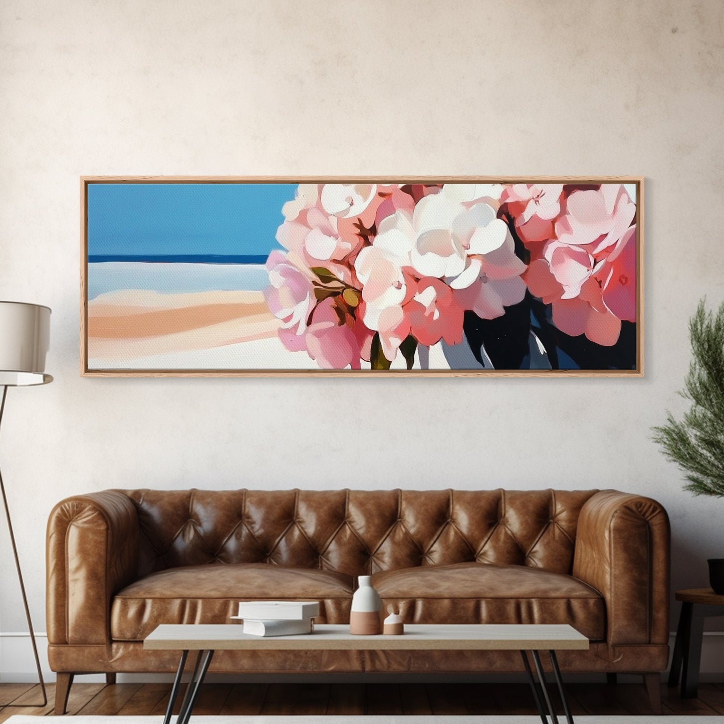 Hydrangea Blooms, Coastal Flowers, Nature Wall Art, Living Room Decor, Summer Aesthetic, Impressionist Style, Framed Canvas Print