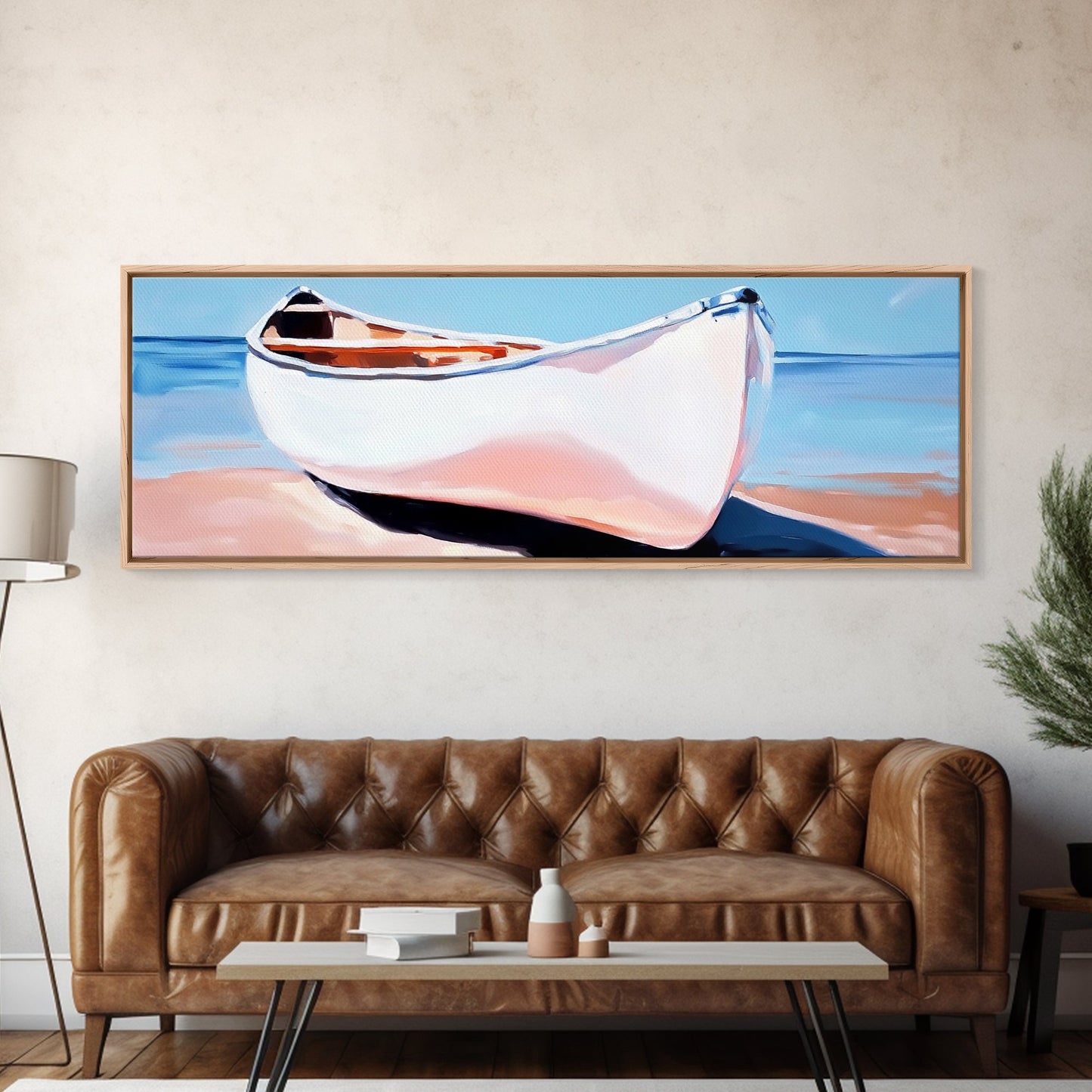 Weißes Kanu, Küstenwandbild, maritime Ästhetik, gerahmter Leinwanddruck, minimalistisches Bootsbild, maritime Kunst für Strandhäuser, Meeresdeko