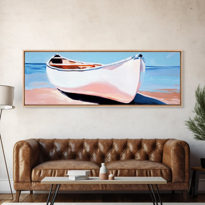 Weißes Kanu, Küstenwandbild, maritime Ästhetik, gerahmter Leinwanddruck, minimalistisches Bootsbild, maritime Kunst für Strandhäuser, Meeresdeko