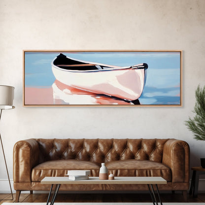 Reflection Boat, Calm Lake Art, Nautical Wall Decor, Framed Canvas Print, Coastal Serenity Art, Pastel Landscape, Living Room Wall Art