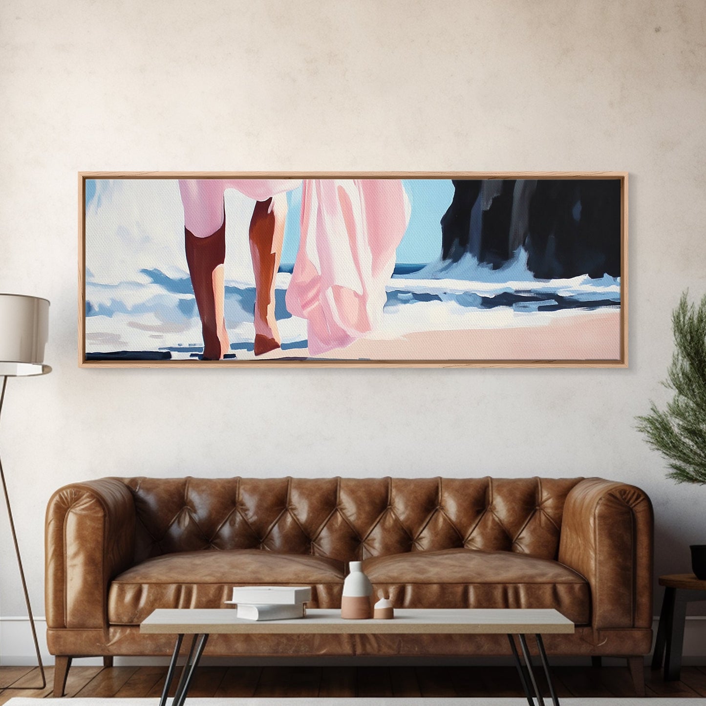 Ocean Waves, Feminine Beach Art, Coastal Minimalist Decor, Framed Canvas Print, Soft Pastel Seaside Art, Nautical Living Room Wall Art