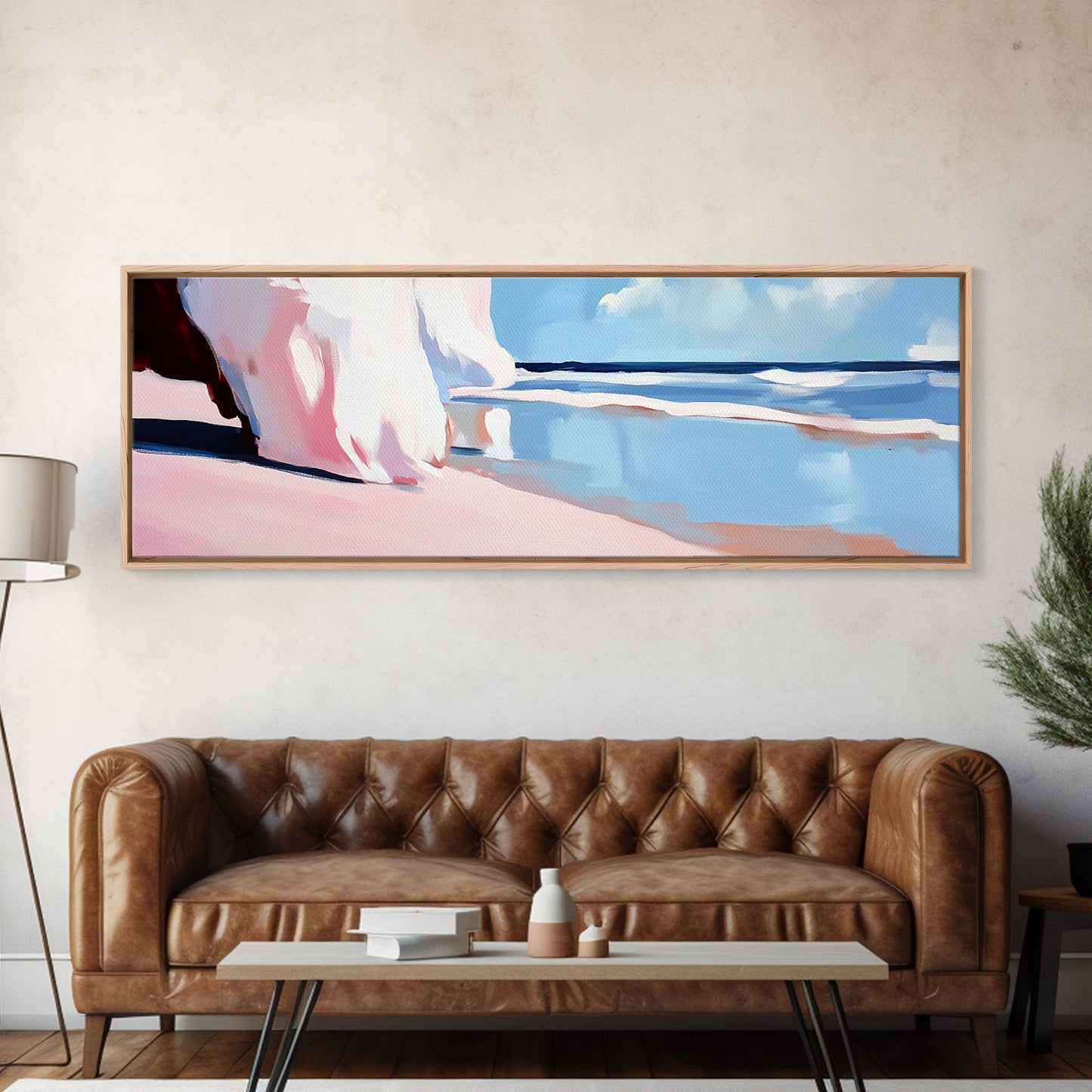 Pink Waves, Soft Beach Hues, Serene Seascape, Abstract Ocean, Framed Canvas Print, Minimalist Aesthetic, Bedroom Wall Art, Coastal Vibes