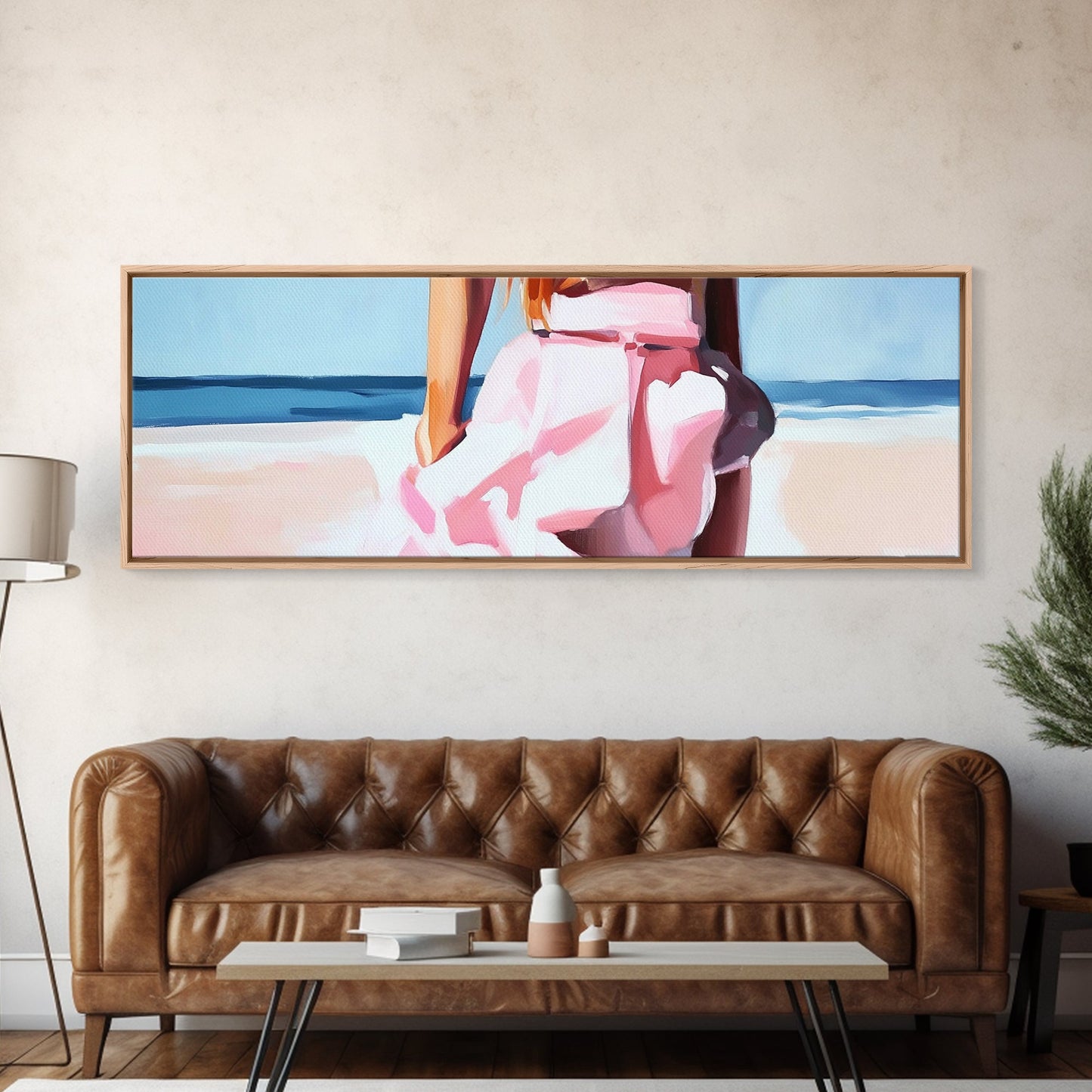 Beach Walk, Soft Waves, Feminine Coastal, Romantic Seascape, Framed Canvas Print, Boho Art, Bedroom Wall Art, Minimalist Aesthetic
