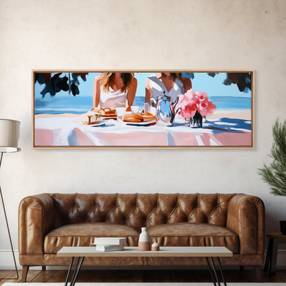 Ocean Picnic, Coastal Dining, Elegant Beach Scene, Pastel Seascape, Canvas Print, Living Room Art, Modern Nautical, Kitchen Wall Art