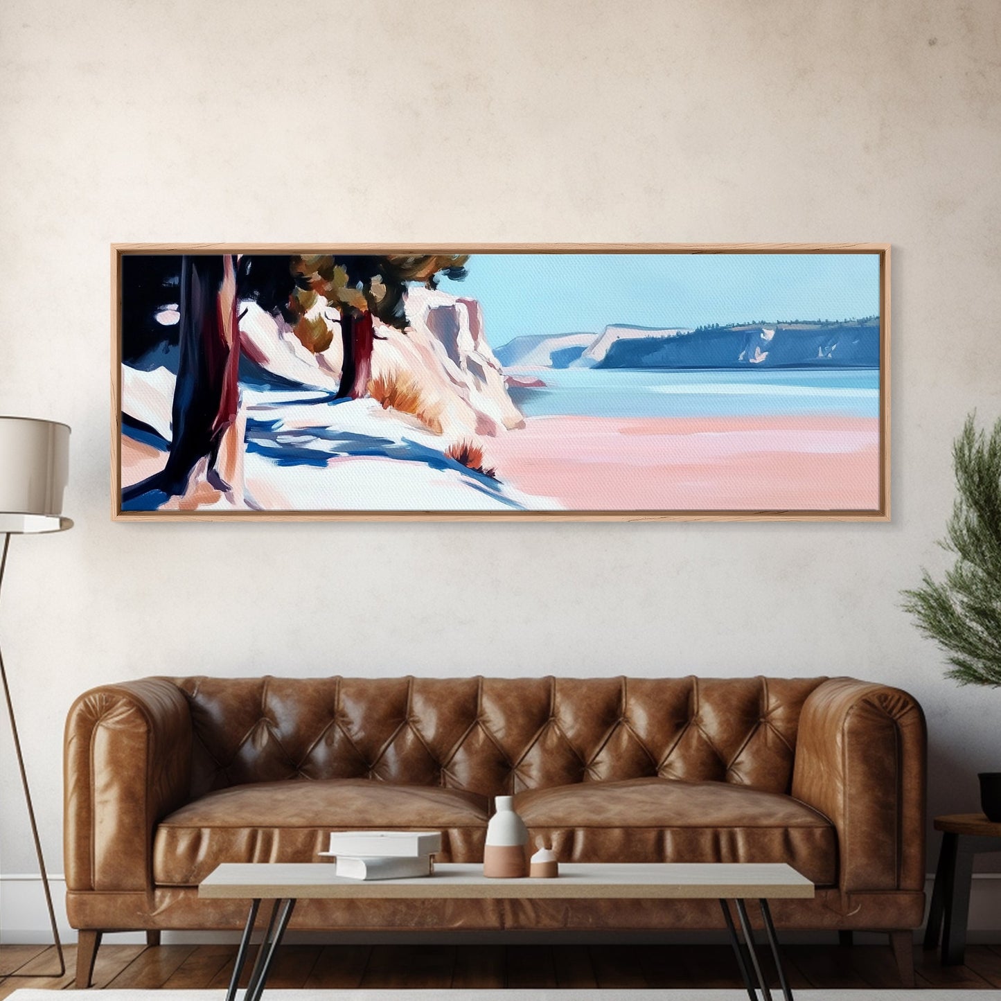 Lakeside Pines, Tranquil Forest Art, Nature Wall Decor, Framed Canvas Print, Minimalist Landscape, Serene Blue Tones, Office Wall Art