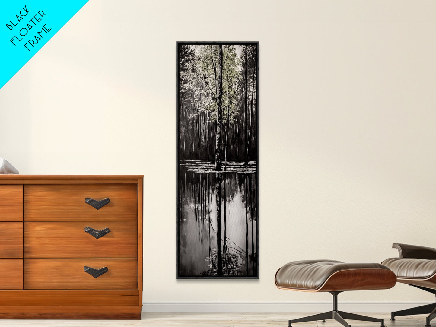 Reflective Trees, Monochrome Forest Painting, Minimalist Nature Art, Framed Canvas Print, Black and White Wall Art, Dining Room Decor