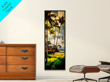 Tropical Landscape Painting, Palm Tree Art, Beach House Wall Decor, Coastal Summer Art, Vibrant Green and Yellow Art, Framed Canvas Print