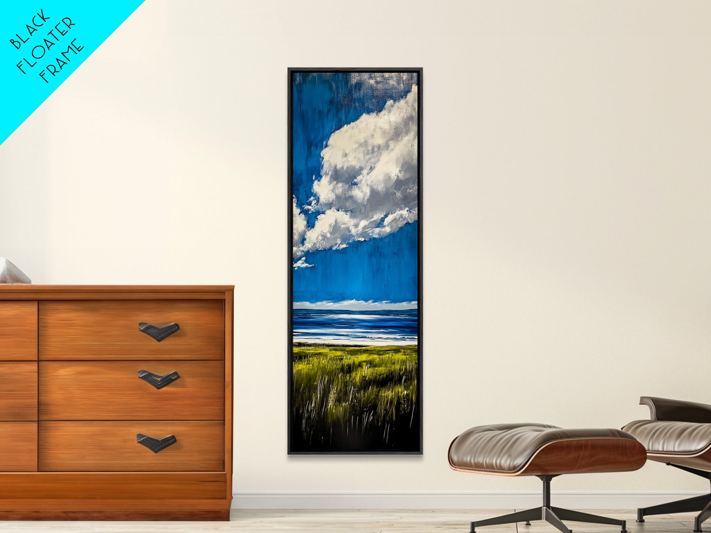 Ocean Horizon Art, Coastal Landscape Wall Decor, Sky and Clouds Painting, Serene Beach House Art, Nautical Artwork, Framed Canvas Print