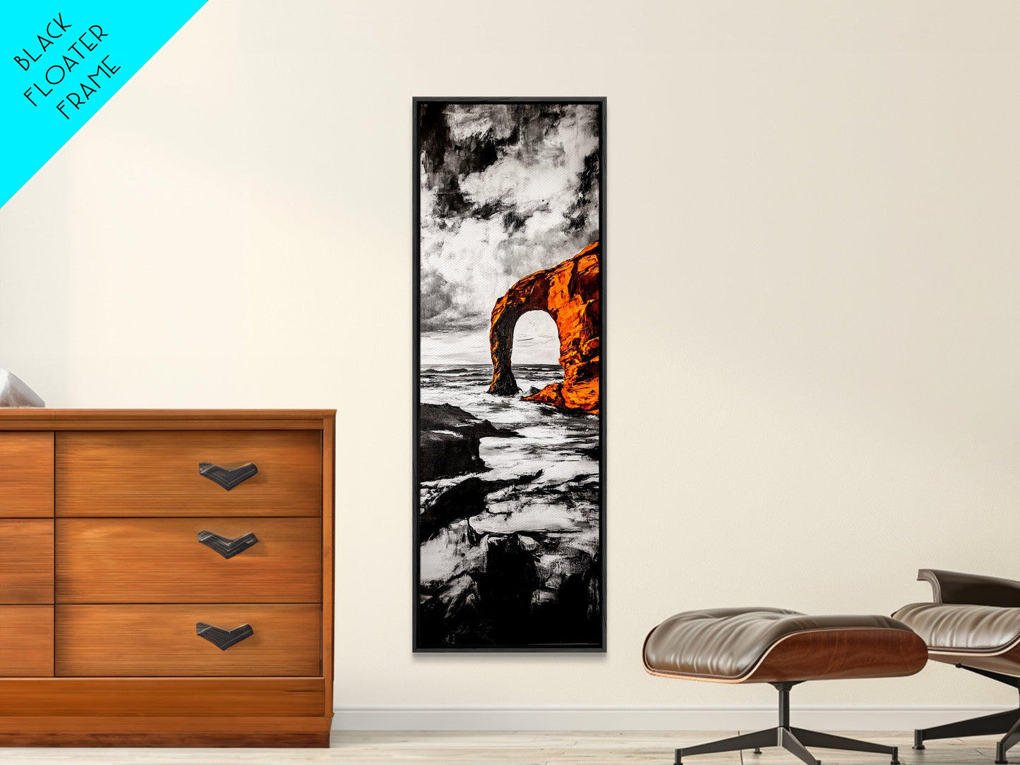 Rock Arch, Ocean Waves, Dramatic Seascape, Black and White Wall Decor, Living Room Art, Framed Canvas Print, Coastal Nature Artwork