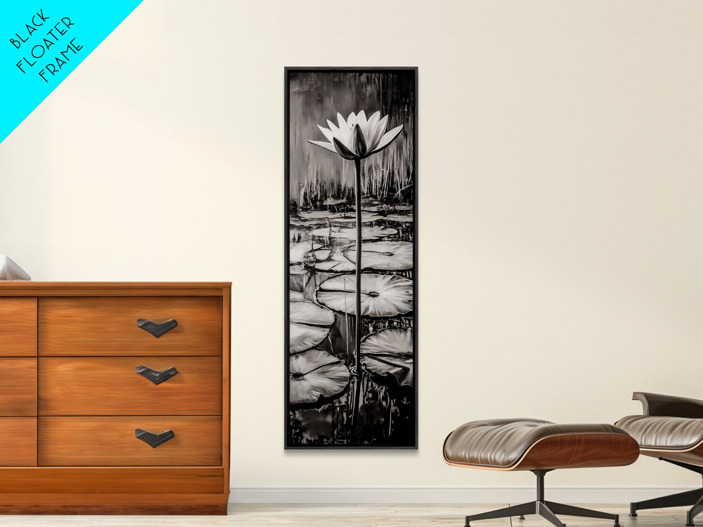 Lotus Bloom, Black and White, Water Lily, Zen Artwork, Framed Canvas Print, Botanical Wall Art, Nature Decor, Serene Living Space