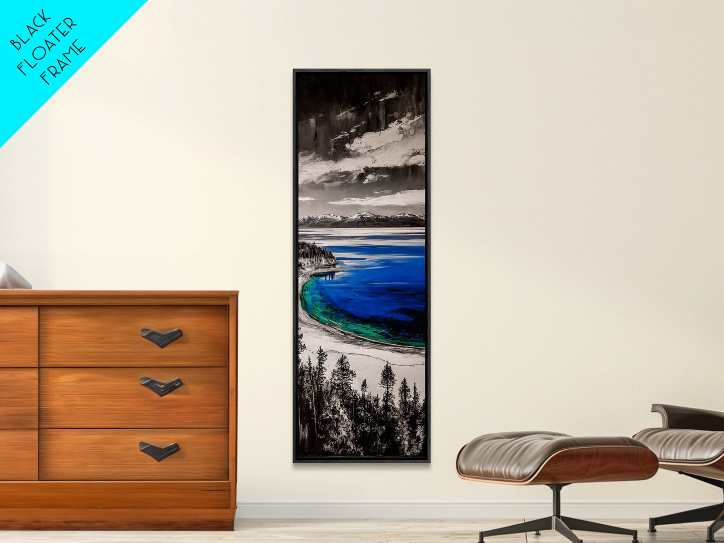 Lake View, Mountain Reflection, Black and White Art, Framed Canvas Print, Cabin Decor, Nature Inspired, Peaceful Wall Art