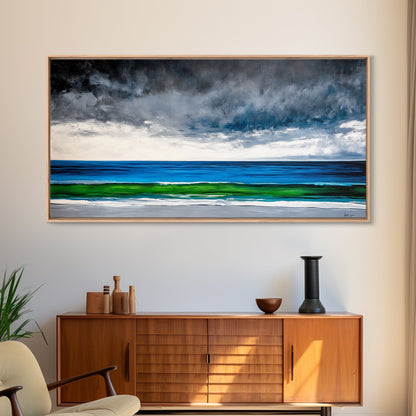 Ocean Horizon, Serene Seascape, Deep Blue, Coastal Wall Art, Minimalist Nature, Framed Canvas Print, Office Decor, Modern Beach Painting