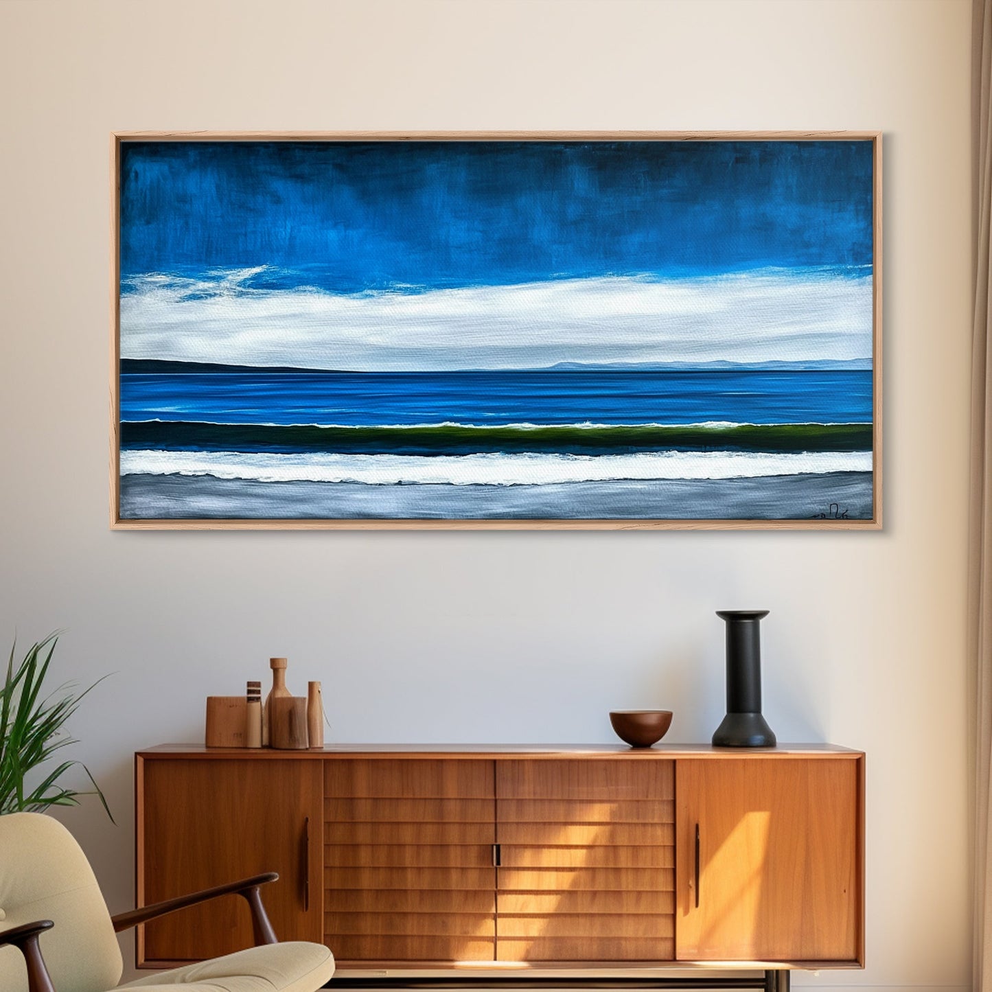 Blue Horizon, Minimalist Seascape Art, Framed Canvas Print, Ocean Wall Decor, Contemporary Coastal Painting, Modern Living Room Art
