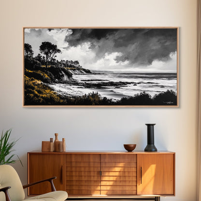 Stormy Coast, Dramatic Sky, Black and White Seascape, Framed Canvas Print, Coastal Wall Art, Large Landscape, Entryway Decor, Moody Art
