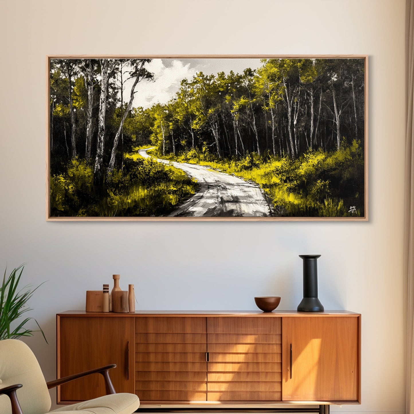 Forest Road, Scenic Nature Path, Rustic Landscape Painting, Greenery Wall Art, Country Home Decor, Framed Canvas Print, Office Artwork