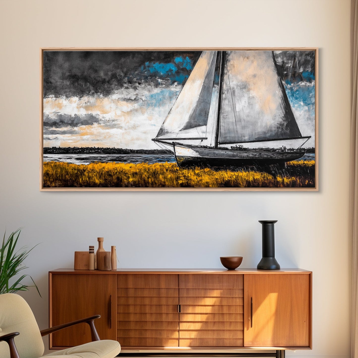 Sailboat Painting, Coastal Nautical, Black and White Boat, Framed Canvas Print, Maritime Decor, Living Room Wall Art, Classic Style