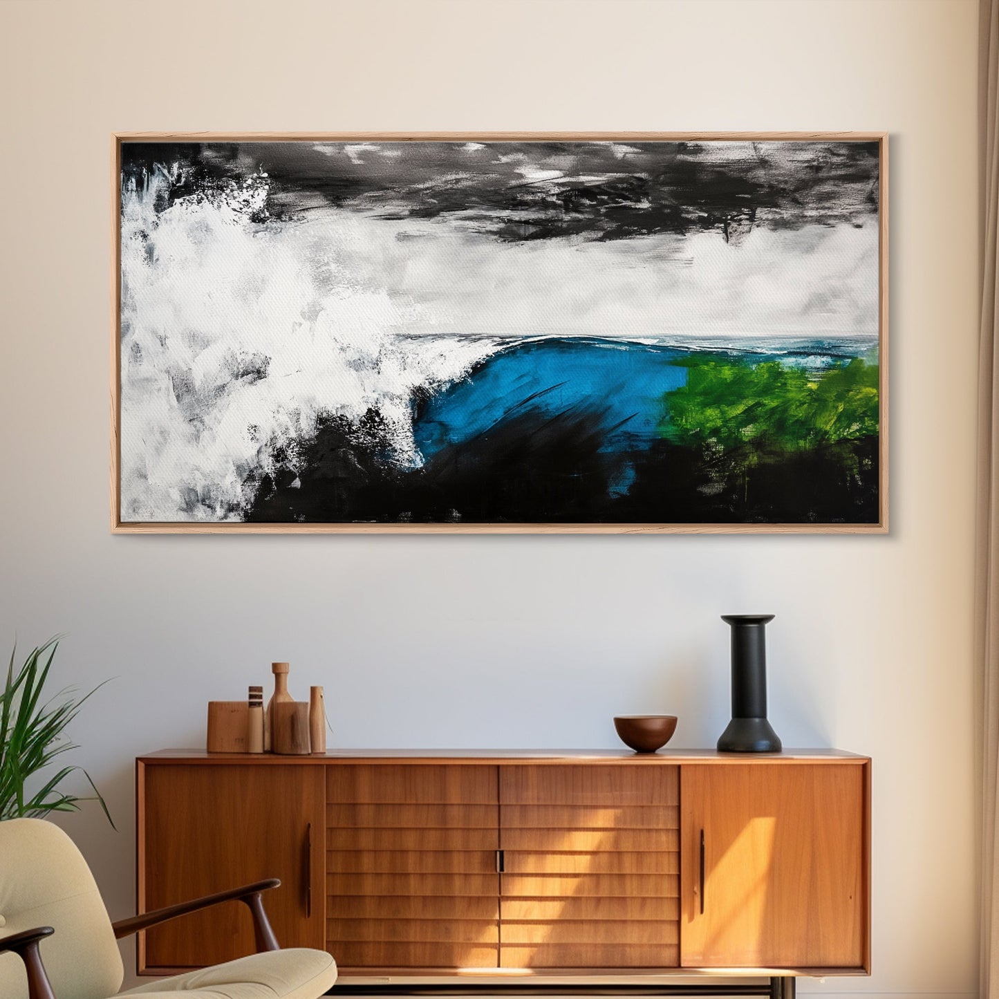 Powerful Wave, Ocean Energy, Coastal Vibes, Modern Abstract, Blue and Green Art, Large Statement, Beach House, Framed Canvas Print