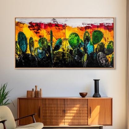 Cactus, Bold Colors, Desert, Vibrant, Framed Canvas Print, Southwest Wall Art, Boho Decor, Modern Abstract Painting, Nature Inspired