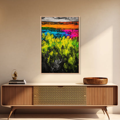 Colorful Prairie, Abstract Fields, Bright Wildflowers, Framed Canvas Print, Vibrant Wall Art, Boho Home Decor, Living Room Statement