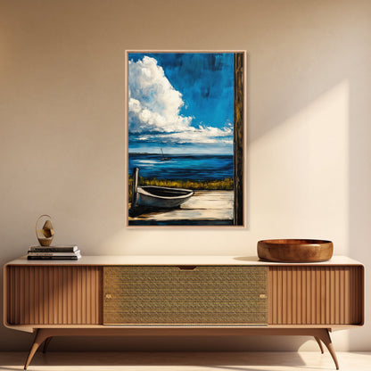 Seaside Serenity, Wooden Dock, Tranquil View, Framed Canvas Print, Ocean Wall Art, Coastal Living, Beach House Decor, Nautical Aesthetic